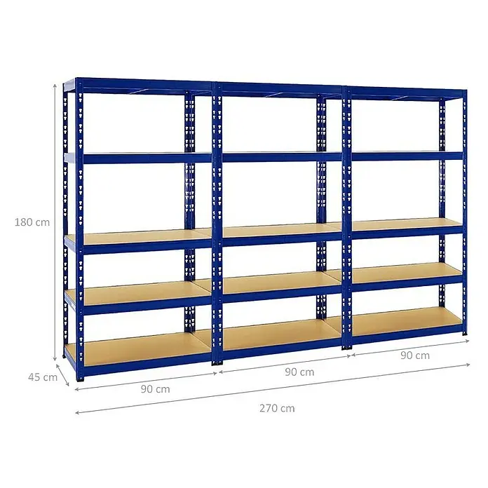 Proregal Schwerlastregal Mega Deal Tiger - H x B x T: 180 x 90 x 45 cm, Traglast pro Boden: 265 kg, Anzahl Böden: 5 Stk., Stecken, Blau - Ein blaues Metallregal mit vier Regalböden aus Holz, das 180 cm hoch, 45 cm tief und 270 cm breit ist.