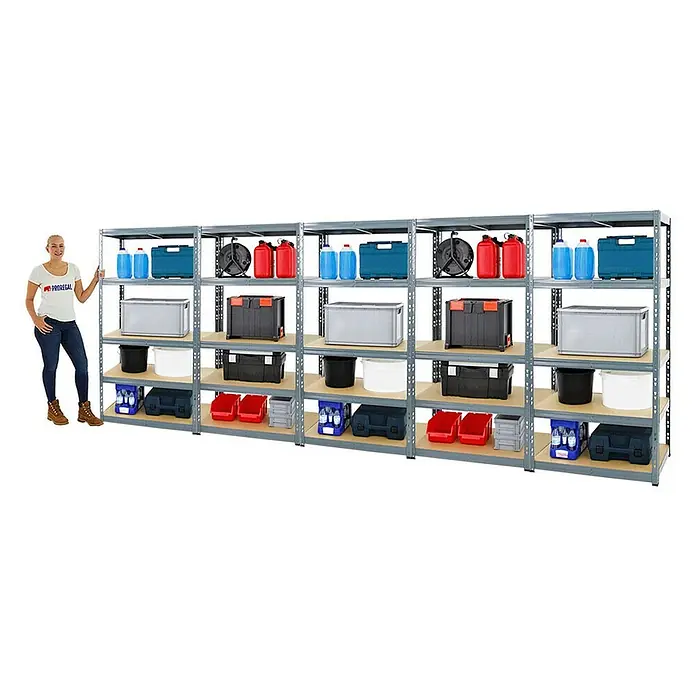 Proregal Schwerlastregal Mega Deal Tiger - Traglast pro Boden: 265 kg, Anzahl Böden: 5 Stk., Stecken, Grau - Produktbild von einem grauen Schwerlastregal mit verschiedenen Gegenständen darauf, das sich ideal für Lager- und Garagen eignet.