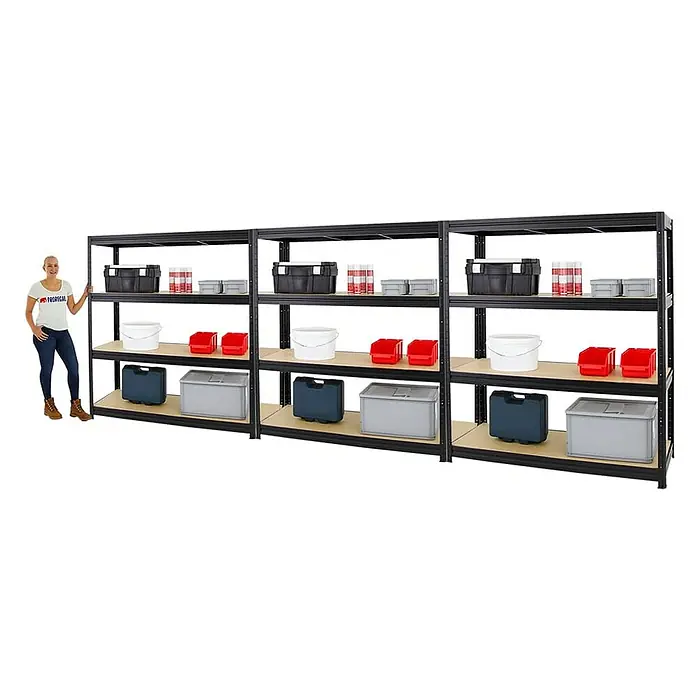 Proregal Schwerlastregal Mega Deal DINO - Traglast pro Boden: 600 kg, Anzahl Böden: 4 Stk., Stecken, Schwarz - Ein modulares Regalsystem aus Metall mit Holzregalböden, ideal für Lagerung. Es bietet viel Stauraum mit Boxen, Eimern und Werkzeugkisten.