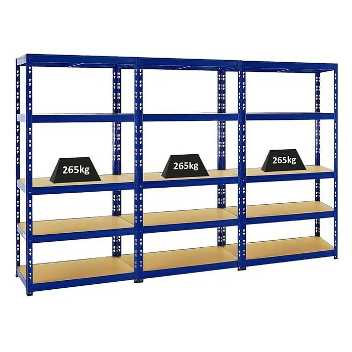 Proregal Schwerlastregal Mega Deal Tiger - H x B x T: 180 x 90 x 45 cm, Traglast pro Boden: 265 kg, Anzahl Böden: 5 Stk., Stecken, Blau - Das Bild zeigt ein blaues Schwerlastregal mit drei Fächern, wobei die obersten Fächer jeweils mit einem Gewicht von 265 kg belastet sind.