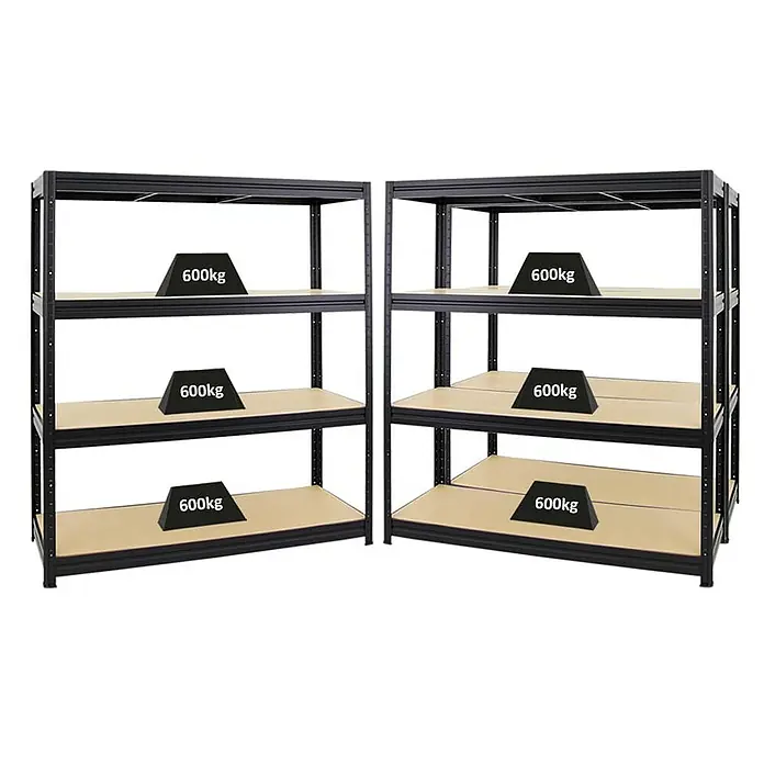 Proregal Schwerlastregal Mega Deal DINO - Traglast pro Boden: 600 kg, Anzahl Böden: 4 Stk., Stecken, Schwarz - Zwei schwarze Hochleistungs-Metallregale mit hellen Holzregalböden, jeder Boden zeigt eine Tragfähigkeit von 600 kg.