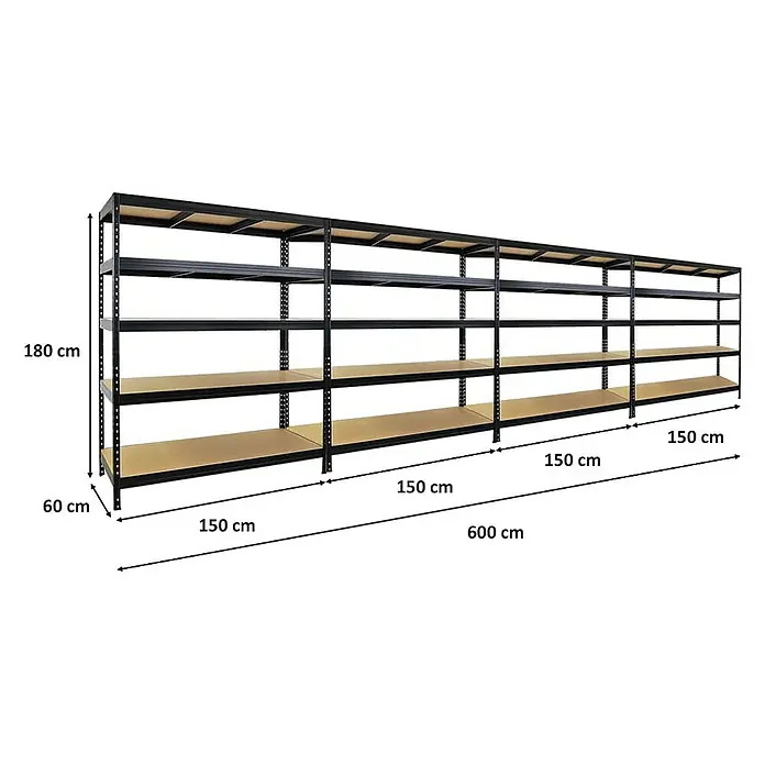 Proregal Schwerlastregal Mega Deal Rivet - Traglast pro Boden: 250 kg, Anzahl Böden: 5 Stk., Stecken, Schwarz - Langes, stabiles Lagerregal mit mehreren Ebenen und schwarzem Metallrahmen, ideal für die Aufbewahrung verschiedener Gegenstände.