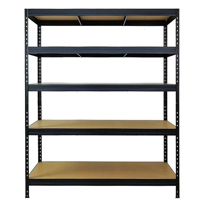 Proregal Schwerlastregal Mega Deal Rivet - Traglast pro Boden: 250 kg, Anzahl Böden: 5 Stk., Stecken, Schwarz - Abbildung eines schwarzen Metallregals mit fünf Regalböden, ideal für Lagerung und Organisation.