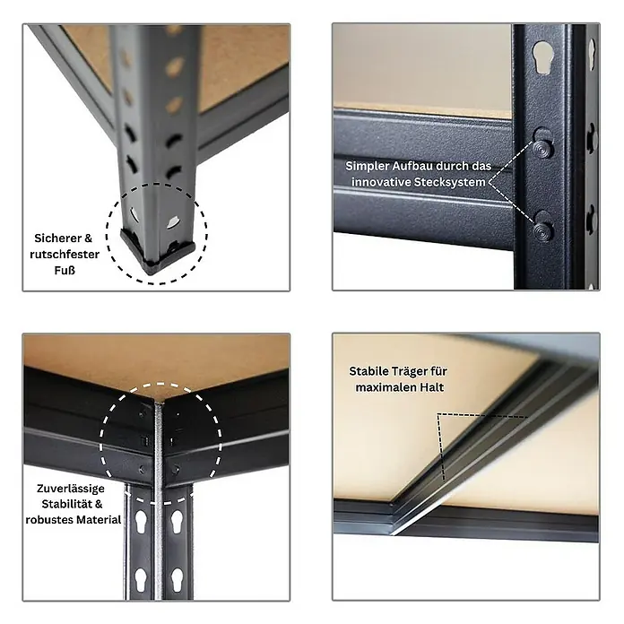 Proregal Schwerlastregal Mega Deal Rivet - Traglast pro Boden: 250 kg, Anzahl Böden: 5 Stk., Stecken, Schwarz - Details des schwarzen Metallregals mit rutschfesten Füßen, Stecksystem, robuster Bauweise und stabilen Trägern.