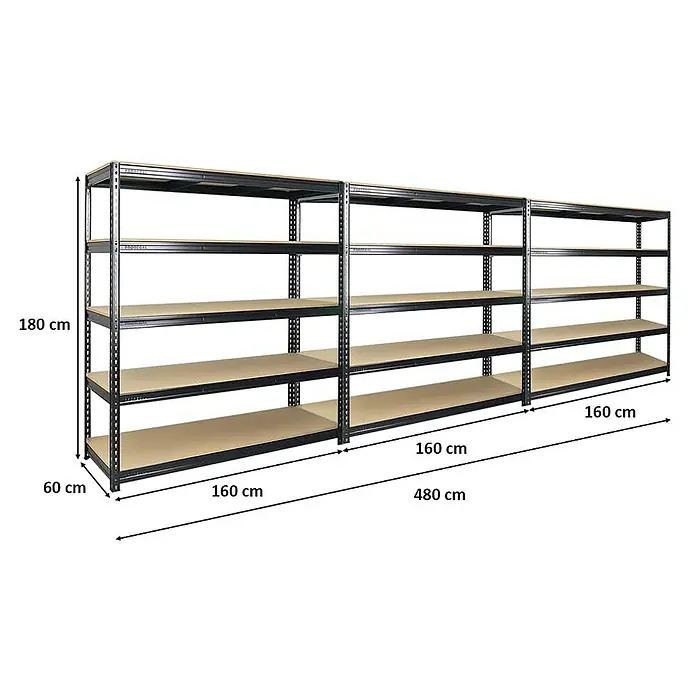 Proregal Schwerlastregal Mega Deal BISON - Traglast pro Boden: 600 kg, Anzahl Böden: 5 Stk., Stecken, Schwarz - Das Bild zeigt ein Regalsystem aus Metall mit vier Regalböden. Die Maße sind angegeben: 180 cm Höhe, 60 cm Tiefe und 480 cm Breite.