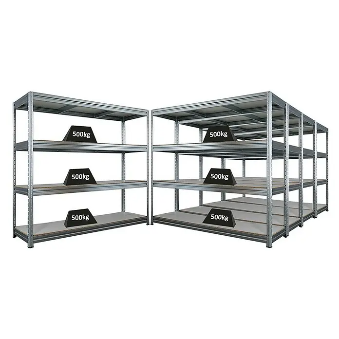 Proregal Schwerlastregal Mega Deal DINO - H x B x T: 180 x 200 x 60 cm, Traglast pro Boden: 500 kg, Anzahl Böden: 4 Stk., Stecken, Verzinkt - Schwerlastregale mit je 500kg Gewichten. Ideal für Lagerung schwerer Gegenstände. Die Regale sind robust und langlebig.