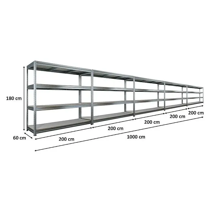 Proregal Schwerlastregal Mega Deal DINO - H x B x T: 180 x 200 x 60 cm, Traglast pro Boden: 500 kg, Anzahl Böden: 4 Stk., Stecken, Verzinkt - Ein langes, silbernes Metallregal mit vier Ebenen und Größenangaben.