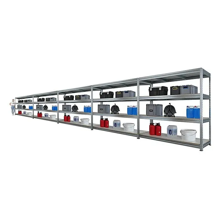 Proregal Schwerlastregal Mega Deal DINO - H x B x T: 180 x 200 x 60 cm, Traglast pro Boden: 500 kg, Anzahl Böden: 4 Stk., Stecken, Verzinkt - Regale aus Metall mit Lagerbehältern, Kanistern und Eimern. Das Schwerlastregal bietet viel Stauraum für Werkstatt, Lager oder Keller.