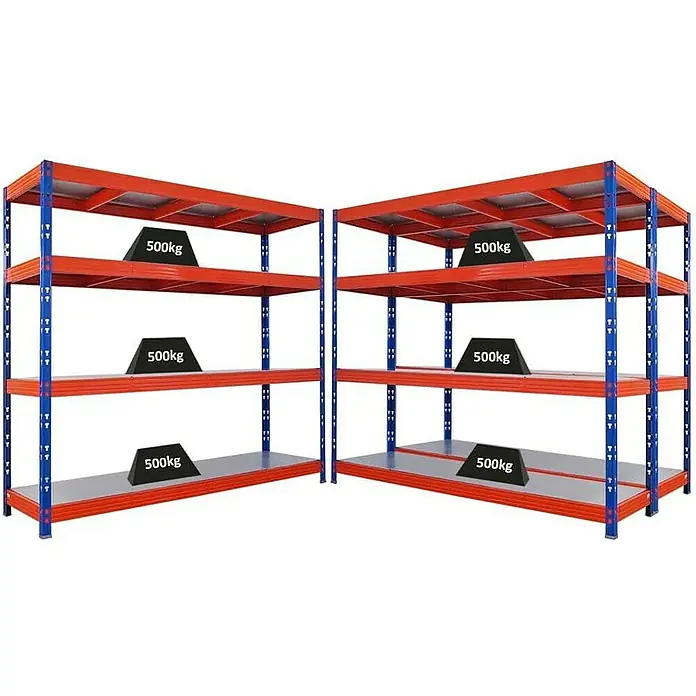 Proregal Schwerlastregal Mega Deal Profi RHINO - Traglast pro Boden: 500 kg, Anzahl Böden: 4 Stk., Stecken, Blau-Orange - Ein robustes Lagerregal mit mehreren Ebenen, jede belastbar mit bis zu 500 kg, ideal für schwere Lasten in Lager und Werkstatt.