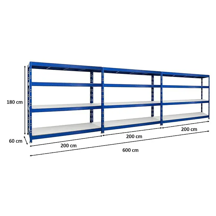 Proregal Schwerlastregal Mega Deal Profi RHINO - H x B x T: 180 x 200 x 60 cm, Traglast pro Boden: 500 kg, Anzahl Böden: 4 Stk., Stecken, Blau - Das Bild zeigt ein blaues Schwerlastregal mit 3 Ebenen und den Maßen 180x600x60 cm. Das Regal ist ideal für Lager und Werkstätten.