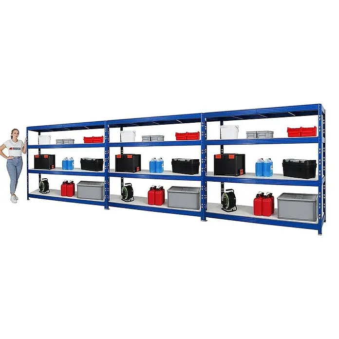 Proregal Schwerlastregal Mega Deal Profi RHINO - H x B x T: 180 x 200 x 60 cm, Traglast pro Boden: 500 kg, Anzahl Böden: 4 Stk., Stecken, Blau - Schwerlastregal mit vier Ebenen zur Lagerung von Kisten, Kanistern und anderen Gegenständen, ideal für Werkstatt, Lager oder Garage.