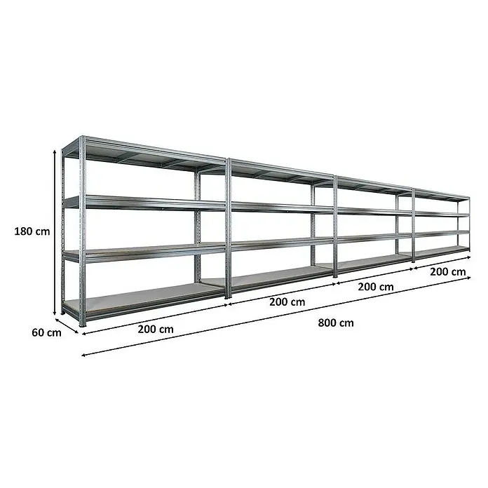 Proregal Schwerlastregal Mega Deal DINO - Traglast pro Boden: 500 kg, Anzahl Böden: 4 Stk., Stecken, Verzinkt - Regalsystem mit den Maßen 180 cm Höhe, 60 cm Tiefe und 800 cm Breite, bestehend aus mehreren verbundenen Regalen.