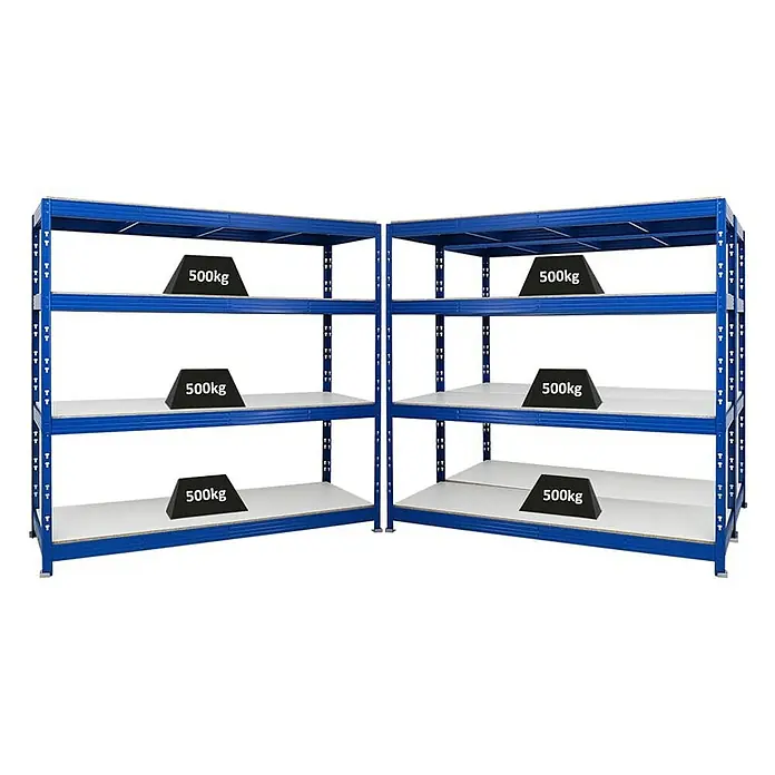 Proregal Schwerlastregal Mega Deal Profi RHINO - H x B x T: 180 x 200 x 60 cm, Traglast pro Boden: 500 kg, Anzahl Böden: 4 Stk., Stecken, Blau - Zwei blaue Schwerlastregale mit Holzfächern, jeweils mit drei Lasten von 500 kg beladen, ideal für Lagerung.