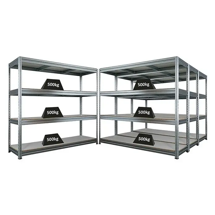 Proregal Schwerlastregal Mega Deal DINO - Traglast pro Boden: 500 kg, Anzahl Böden: 4 Stk., Stecken, Verzinkt - Schwerlastregale: Stabile Regale mit vier Ebenen und einer Belastung von 500 kg pro Ebene. Ideal für Lager und Werkstatt.