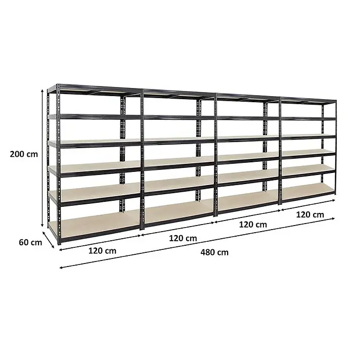 Proregal Schwerlastregal Mega Deal Giant Tiger - Traglast pro Boden: 265 kg, Anzahl Böden: 6 Stk., Stecken, Schwarz - Abbildung eines schwarzen Schwerlastregals mit fünf Regalböden und den Maßen 200 x 60 x 480 cm, ideal für Lagerung.