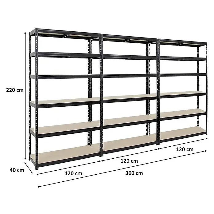 Proregal Schwerlastregal Mega Deal Giant Tiger XL - Traglast pro Boden: 265 kg, Anzahl Böden: 6 Stk., Stecken, Schwarz - Abbildung von einem schwarzen Metallregal mit Holzablagen, ideal für Lagerung und Organisation.