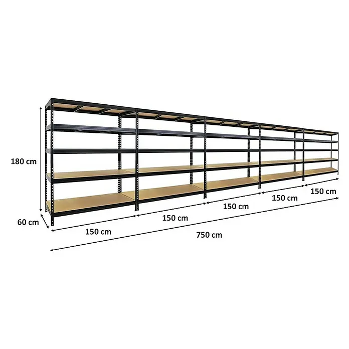 Proregal Schwerlastregal Mega Deal Rivet - H x B x T: 180 x 150 x 60 cm, Traglast pro Boden: 250 kg, Anzahl Böden: 5 Stk., Stecken, Schwarz - Abbildung eines langen schwarzen Metallregals mit Holzregalböden und Maßangaben.