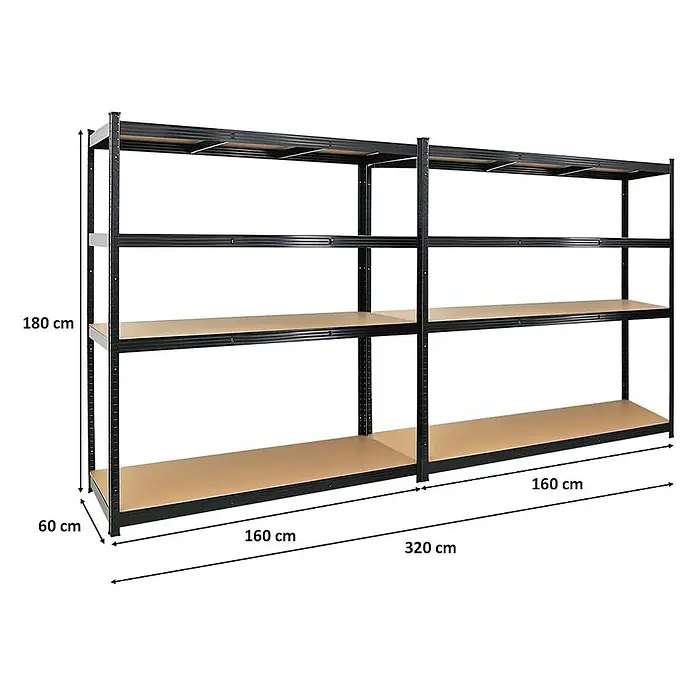 Proregal Schwerlastregal Mega Deal TAURUS - Traglast pro Boden: 250 kg, Anzahl Böden: 5 Stk., Stecken, Schwarz - Das Bild zeigt ein Metallregal mit vier Regalböden. Das Regal ist schwarz und hat die Maße 180 x 160 x 60 cm.