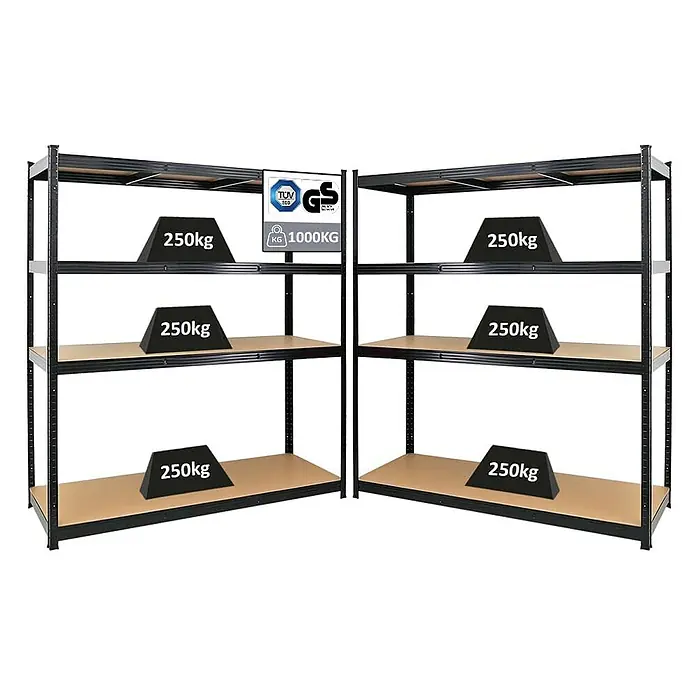 Proregal Schwerlastregal Mega Deal TAURUS - Traglast pro Boden: 250 kg, Anzahl Böden: 5 Stk., Stecken, Schwarz - Schwerlastregale mit je 4 Regalböden, belastbar bis 1000kg, ideal für Lagerung.