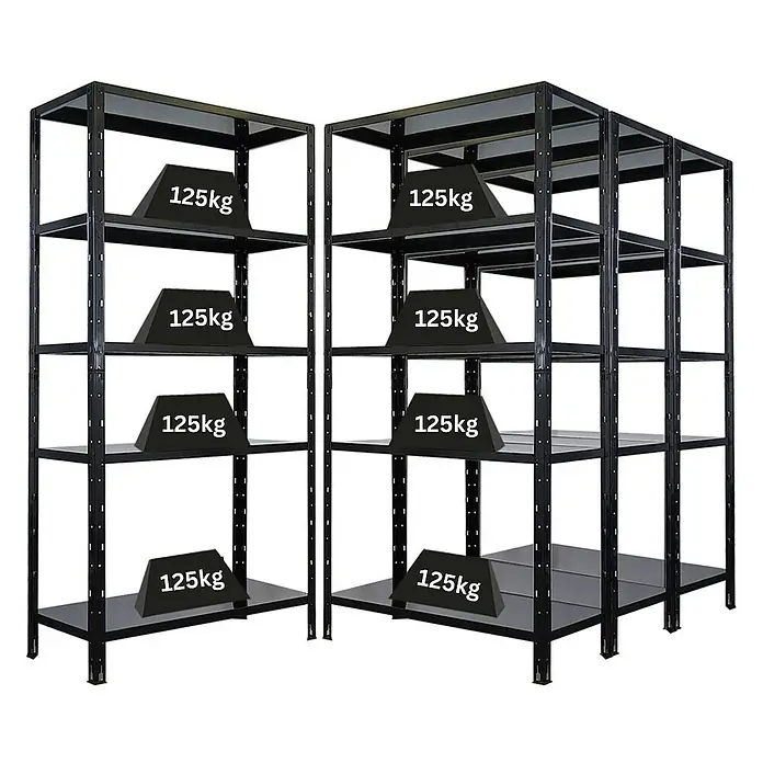 Proregal Metallregal Mega Deal Ares - H x B x T: 180 x 90 x 40 cm, Traglast pro Boden: 125 kg, Anzahl Böden: 5 Stk., Stecken, Schwarz - Zwei Regalsets aus Metall, belastet mit Gewichten, die die Tragfähigkeit der Regale demonstrieren.