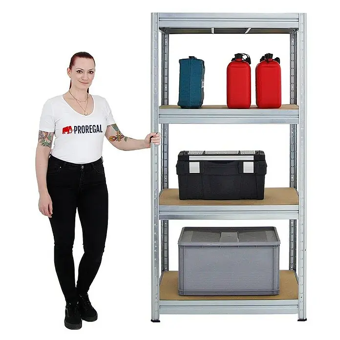 Proregal Schwerlastregal Mega Deal DINO - H x B x T: 180 x 90 x 60 cm, Traglast pro Boden: 600 kg, Anzahl Böden: 4 Stk., Stecken, Verzinkt - Ein Regal mit drei Ablagen, auf denen verschiedene Behälter stehen, während eine Frau daneben steht. Das Regal bietet viel Stauraum.