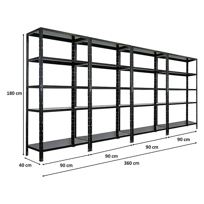 Proregal Metallregal Mega Deal Ares - H x B x T: 180 x 90 x 40 cm, Traglast pro Boden: 125 kg, Anzahl Böden: 5 Stk., Stecken, Schwarz - Abbildung eines schwarzen Metallregals mit fünf Regalen, ideal zur Aufbewahrung und Organisation.