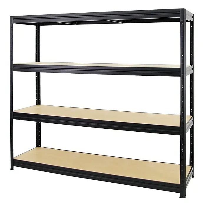 Proregal Schwerlastregal Mega Deal DINO - Traglast pro Boden: 500 kg, Anzahl Böden: 4 Stk., Stecken, Schwarz - Ein stabiles, schwarzes Metallregal mit drei hellen Holzregalböden bietet viel Stauraum. Ideal für Garage, Keller oder Lager.