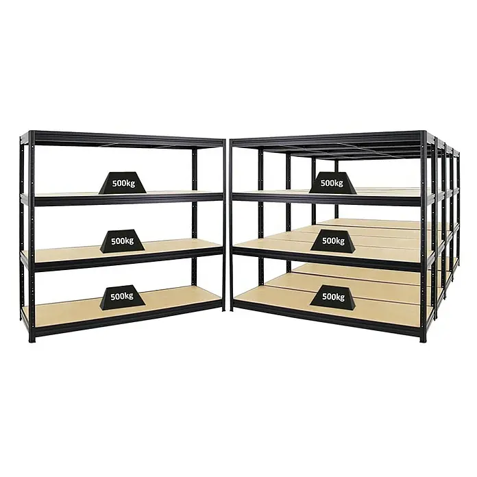 Proregal Schwerlastregal Mega Deal DINO - Traglast pro Boden: 500 kg, Anzahl Böden: 4 Stk., Stecken, Schwarz - Schwerlastregale mit 500 kg Gewichten auf jeder Ebene, ideal für Lagerung und Organisation.