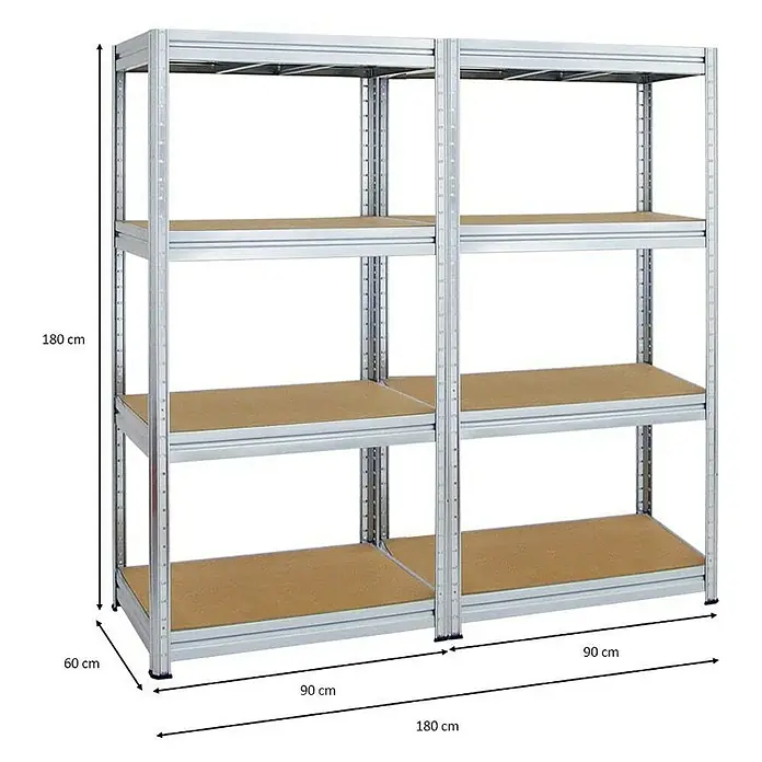 Proregal Schwerlastregal Mega Deal DINO - H x B x T: 180 x 90 x 60 cm, Traglast pro Boden: 600 kg, Anzahl Böden: 4 Stk., Stecken, Verzinkt - Foto eines zweiteiligen Metallregals mit vier Regalböden und den Maßen 180x180x60 cm.