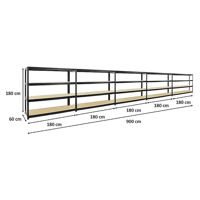 Proregal Schwerlastregal Mega Deal DINO - Traglast pro Boden: 500 kg, Anzahl Böden: 4 Stk., Stecken, Schwarz - Ansicht eines modularen Schwerlastregalsystems mit drei Ebenen, ideal für Lagerung mit Maßen von 180x60x900 cm.