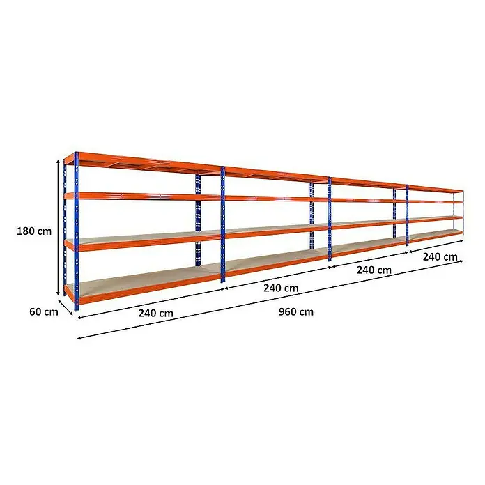 Proregal Schwerlastregal Mega Deal Profi RHINO - H x B x T: 180 x 240 x 60 cm, Traglast pro Boden: 450 kg, Anzahl Böden: 4 Stk., Stecken, Orange - Regal mit vier Ebenen, Abmessungen 180 cm Höhe, 60 cm Tiefe und 960 cm Länge. Perfekt für Lagerung und Organisation.