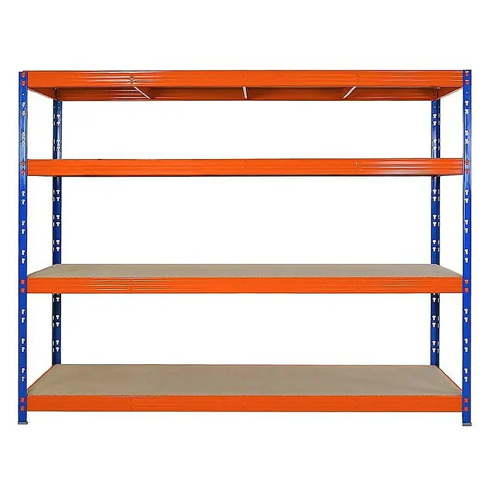 Proregal Schwerlastregal Mega Deal Profi RHINO - H x B x T: 180 x 240 x 60 cm, Traglast pro Boden: 450 kg, Anzahl Böden: 4 Stk., Stecken, Orange - Dieses Bild zeigt ein leeres Lagerregal mit vier Ebenen. Das Regal ist blau und orange, und die Regalböden sind aus Holz.