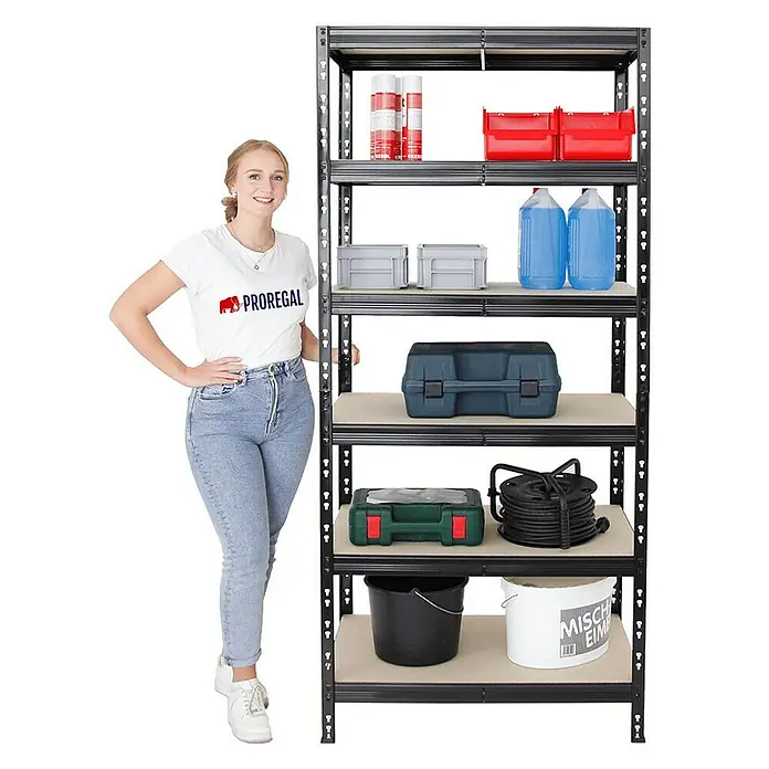 Proregal Schwerlastregal Mega Deal Giant Tiger - Traglast pro Boden: 265 kg, Anzahl Böden: 6 Stk., Stecken, Schwarz - Regal mit fünf Regalböden und verschiedenen Gegenständen wie Dosen, Kisten und Eimern.