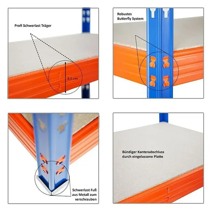 Proregal Schwerlastregal Mega Deal Profi RHINO - H x B x T: 180 x 240 x 60 cm, Traglast pro Boden: 450 kg, Anzahl Böden: 4 Stk., Stecken, Orange - Detailansicht eines Schwerlastregals mit robustem Butterfly-System, verstellbaren Trägern und Metalfüßen für hohe Stabilität.