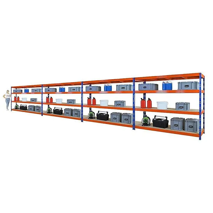 Proregal Schwerlastregal Mega Deal Profi RHINO - H x B x T: 180 x 240 x 60 cm, Traglast pro Boden: 450 kg, Anzahl Böden: 4 Stk., Stecken, Orange - Lagerregale mit verschiedenen Behältern und Werkzeugen. Die Regale sind orange und blau und bieten viel Stauraum.