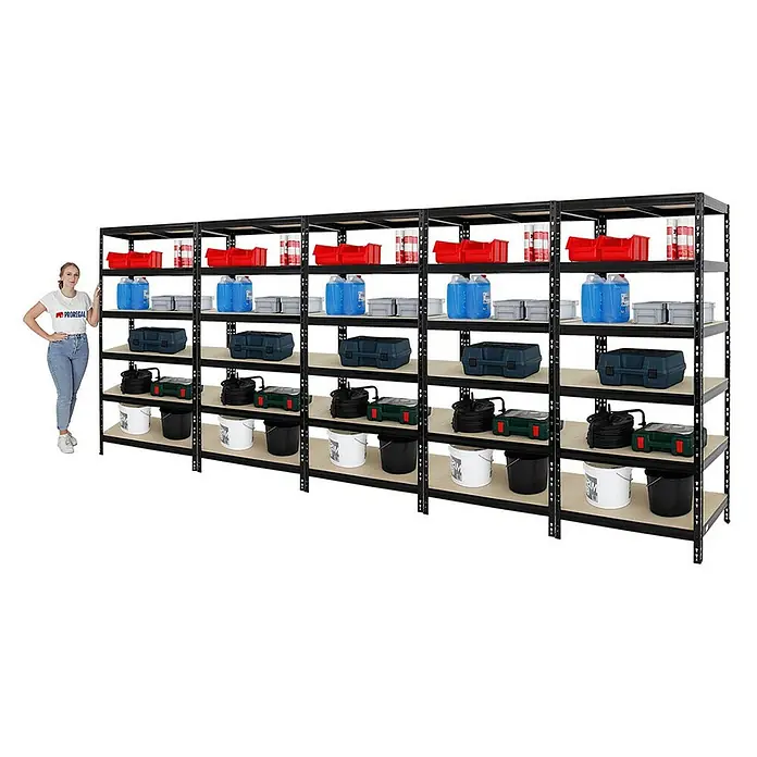 Proregal Schwerlastregal Mega Deal Giant Tiger - Traglast pro Boden: 265 kg, Anzahl Böden: 6 Stk., Stecken, Schwarz - Lagerregale mit fünf Ebenen, gefüllt mit Behältern und Werkzeugen, bieten viel Stauraum. Stabile Konstruktion für Ordnung und Übersicht.