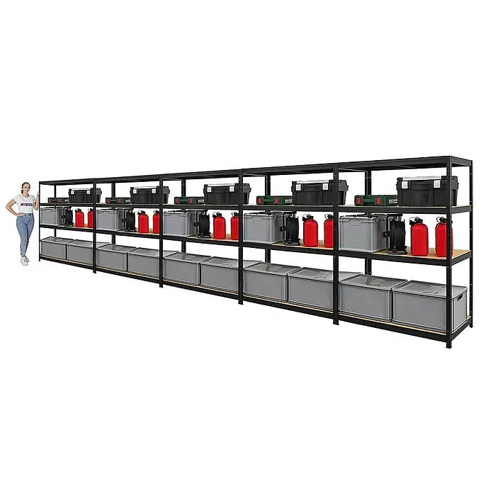 Proregal Schwerlastregal Mega Deal Big Elephant - H x B x T: 160 x 120 x 60 cm, Traglast pro Boden: 200 kg, Anzahl Böden: 4 Stk., Stecken, Schwarz - Ein langes, stabiles Schwerlastregal, beladen mit Werkzeugkisten, Kanistern und grauen Boxen, ideal für Werkstatt oder Lagerraum.