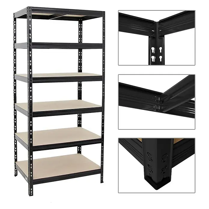 Proregal Schwerlastregal Mega Deal Giant Tiger - Traglast pro Boden: 265 kg, Anzahl Böden: 6 Stk., Stecken, Schwarz - Schwarzes Metallregal mit fünf Regalböden, ideal für Lagerung und Organisation. Detailaufnahmen zeigen die Konstruktion.