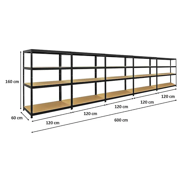 Proregal Schwerlastregal Mega Deal Big Elephant - H x B x T: 160 x 120 x 60 cm, Traglast pro Boden: 200 kg, Anzahl Böden: 4 Stk., Stecken, Schwarz - Ein langes, modulares Schwerlastregal mit vier Ebenen und den Maßen 160 cm Höhe, 60 cm Tiefe und 600 cm Breite.