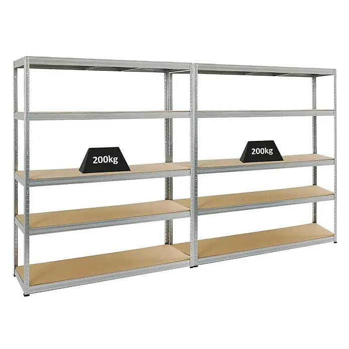 Proregal Schwerlastregal Mega Deal Giant Elephant - H x B x T: 180 x 150 x 45 cm, Traglast pro Boden: 200 kg, Anzahl Böden: 5 Stk., Stecken, Verzinkt - Auf dem Foto sind zwei Schwerlastregale mit je vier Regalböden zu sehen, wobei sich auf einem Regalboden ein Gewicht von 200 kg befindet.