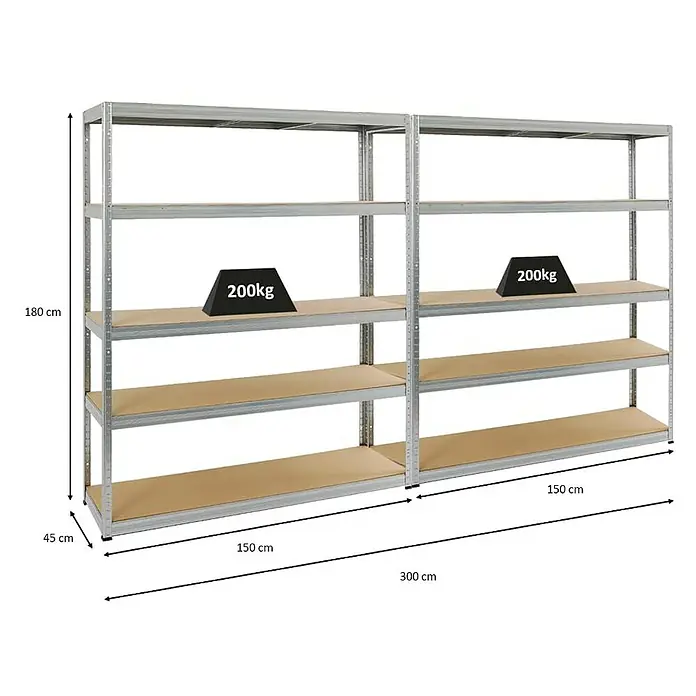 Proregal Schwerlastregal Mega Deal Giant Elephant - H x B x T: 180 x 150 x 45 cm, Traglast pro Boden: 200 kg, Anzahl Böden: 5 Stk., Stecken, Verzinkt - Abbildung eines Metallregals mit vier Ebenen und den Abmessungen 180x300x45 cm, wobei die mittlere Ebene 200 kg trägt.
