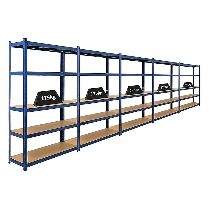 Proregal Schwerlastregal Mega Deal Ragnar - H x B x T: 180 x 120 x 40 cm, Traglast pro Boden: 175 kg, Anzahl Böden: 5 Stk., Stecken, Blau - Schwerlastregal mit Gewichten. Das stabile Regal mit mehreren Ebenen ist ideal für Lager und Werkstätten.
