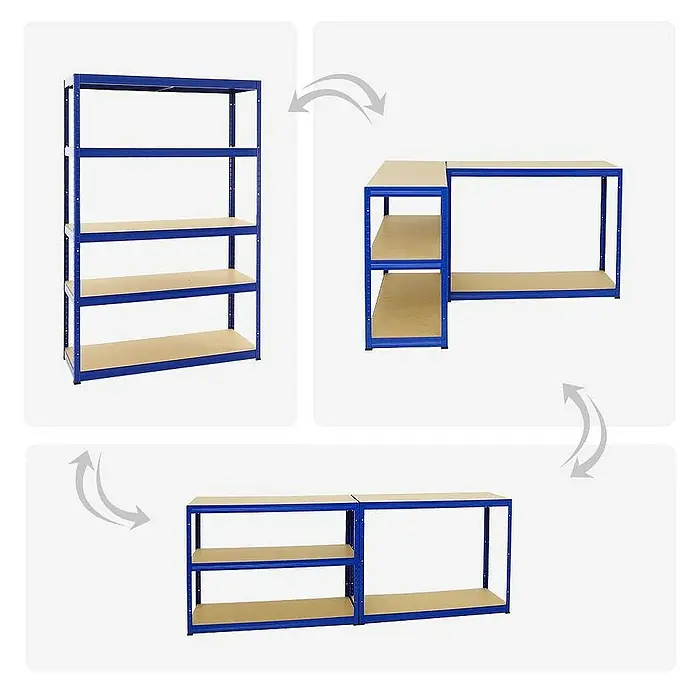 Proregal Schwerlastregal Mega Deal Big Elephant S - H x B x T: 180 x 120 x 45 cm, Traglast pro Boden: 250 kg, Anzahl Böden: 5 Stk., Stecken, Blau - Bilder zeigen die verschiedenen Konfigurationen eines blauen Metallregals mit Holzregalböden.  Das Regal kann als hohes Regal oder als Werkbank verwendet werden.
