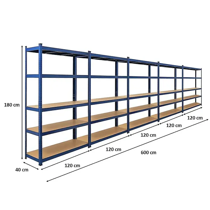 Proregal Schwerlastregal Mega Deal Ragnar - H x B x T: 180 x 120 x 40 cm, Traglast pro Boden: 175 kg, Anzahl Böden: 5 Stk., Stecken, Blau - Abbildung eines blauen Schwerlastregals mit fünf Regalböden und den zugehörigen Maßangaben für Höhe, Breite und Tiefe.