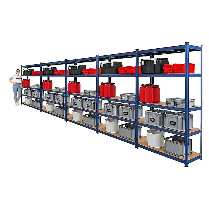 Proregal Schwerlastregal Mega Deal Ragnar - H x B x T: 180 x 120 x 40 cm, Traglast pro Boden: 175 kg, Anzahl Böden: 5 Stk., Stecken, Blau - Regal mit diversen Lagerboxen, Kanistern und Zubehör auf mehreren Ebenen, ordentlich verstaut im Lager.