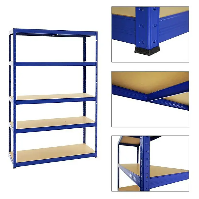 Proregal Schwerlastregal Mega Deal Big Elephant S - H x B x T: 180 x 120 x 45 cm, Traglast pro Boden: 250 kg, Anzahl Böden: 5 Stk., Stecken, Blau - Ein blaues Schwerlastregal mit fünf Holzregalböden für Lagerung und Organisation.