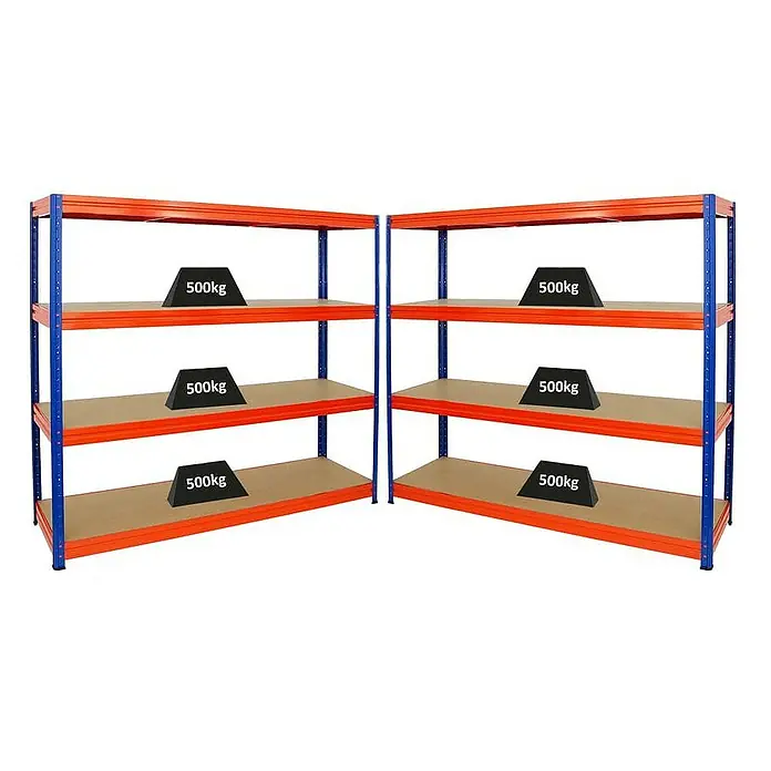 Proregal Schwerlastregal Mega Deal DINO - H x B x T: 180 x 200 x 60 cm, Traglast pro Boden: 500 kg, Anzahl Böden: 4 Stk., Stecken, Orange - Zwei blaue und orangefarbene Schwerlastregale mit jeweils drei Regalböden, auf denen Gewichte von 500 kg platziert sind.