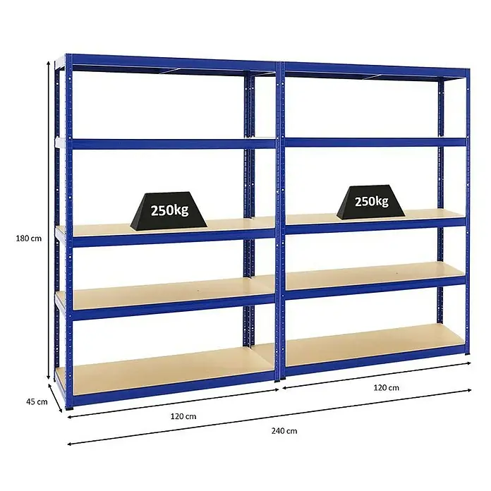 Proregal Schwerlastregal Mega Deal Big Elephant S - H x B x T: 180 x 120 x 45 cm, Traglast pro Boden: 250 kg, Anzahl Böden: 5 Stk., Stecken, Blau - Regal mit vier Böden, blauem Rahmen und den Maßen 180 x 120 x 45 cm, belastbar bis 250 kg pro Boden.