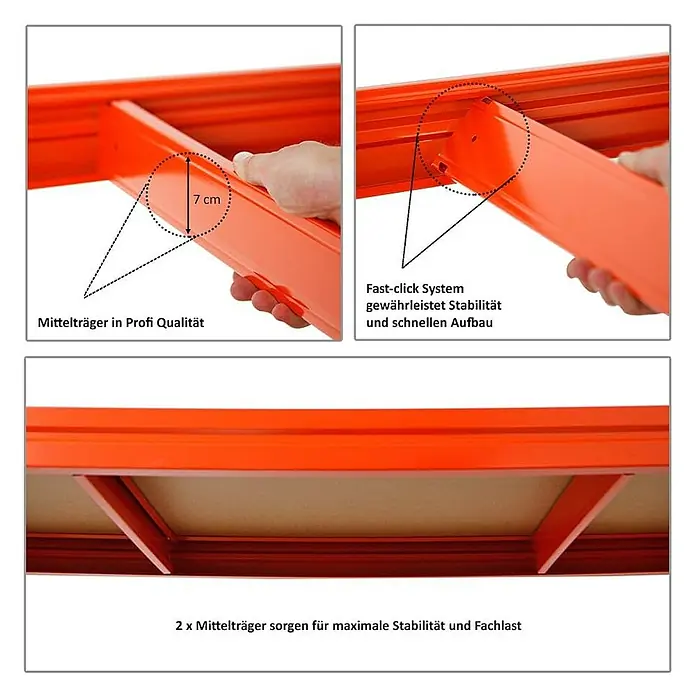 Proregal Schwerlastregal Mega Deal DINO - H x B x T: 180 x 200 x 60 cm, Traglast pro Boden: 500 kg, Anzahl Böden: 4 Stk., Stecken, Orange - Produktdetails: Robuste Regalkonstruktion mit Fachböden, Mittelträgern und Fast-Click System für Stabilität und schnellen Aufbau.
