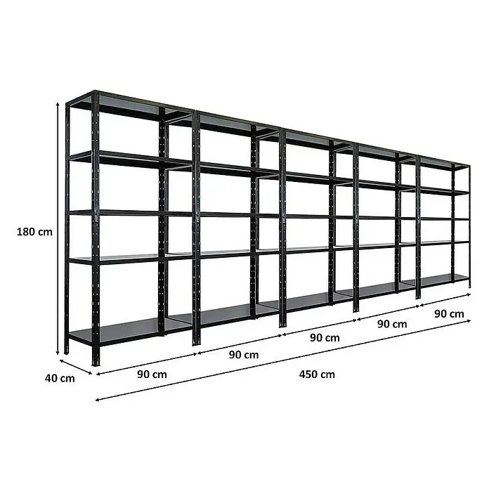 Proregal Metallregal Mega Deal Ares - H x B x T: 180 x 90 x 40 cm, Traglast pro Boden: 125 kg, Anzahl Böden: 5 Stk., Stecken, Schwarz - Langes, schwarzes Metallregal mit fünf Ebenen und den Maßen 180 cm hoch, 40 cm tief und 450 cm breit zur Lagerung.